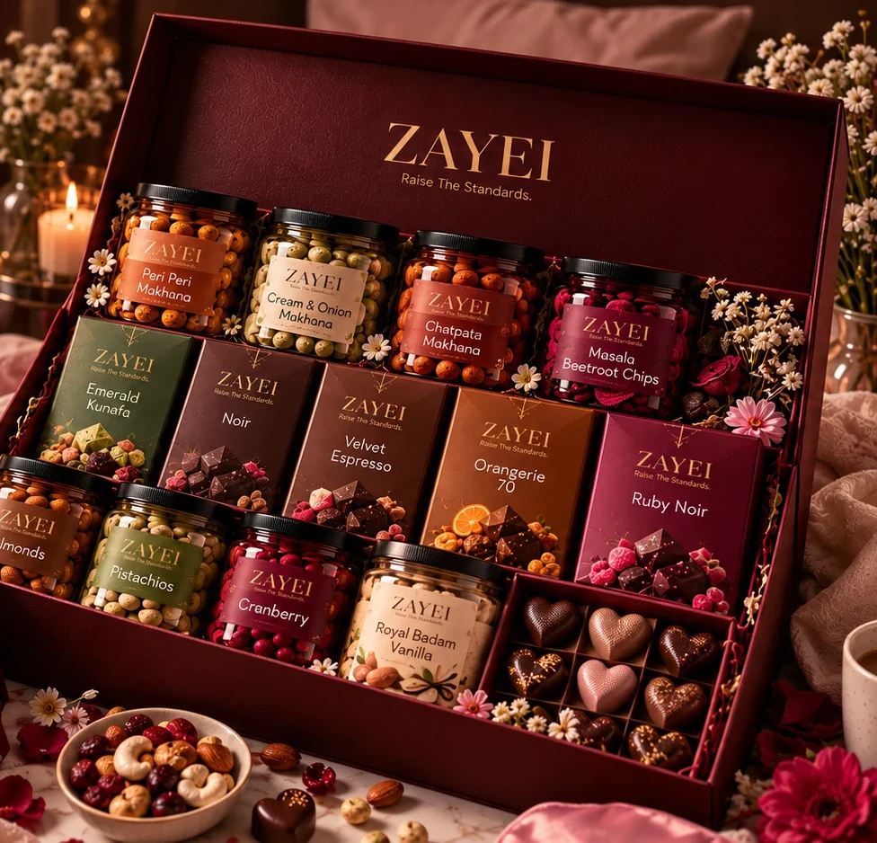 The open ZAYEI Period Box with makhana, chocolate bars and heart-shaped chocolates
